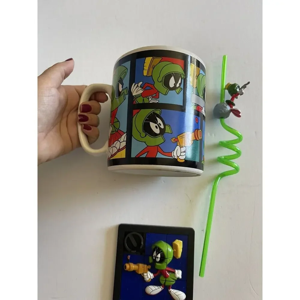 Lot Of 3 Marvin the Martian Large Mug 1995 Sakura + 1997 3D Slide Puzzle + Straw